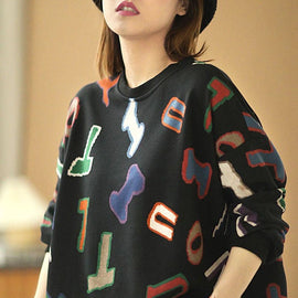 Modern Black Loose O-Neck Graphic Hole Fall Sweatshirts Top