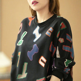 Modern Black Loose O-Neck Graphic Hole Fall Sweatshirts Top