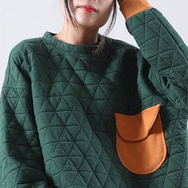 Modern Green O-Neck Pockets Fall Thick Sweatshirts Top