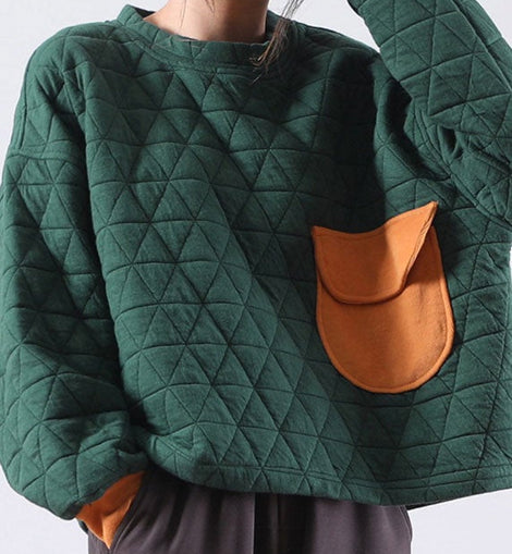 Modern Green O-Neck Pockets Fall Thick Sweatshirts Top