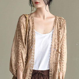 Modern Khaki Jacquard Hollow Out Cotton Short Cardigans