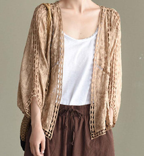 Modern Khaki Jacquard Hollow Out Cotton Short Cardigans