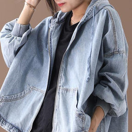 Modern hooded zippered for women light blue loose coats