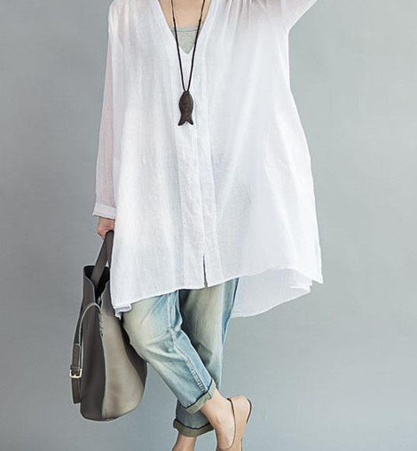 Modern white cotton clothes For Women v neck Art summer shirts