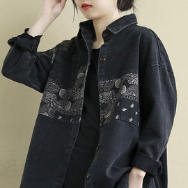 Natural Black Grey Patchwork Print Pockets Blouses