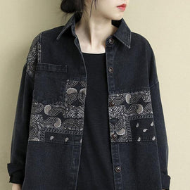 Natural Black Grey Patchwork Print Pockets Blouses