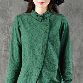 Natural Green Ruffled Jacquard Button Tops Long sleeve