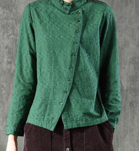 Natural Green Ruffled Jacquard Button Tops Long sleeve