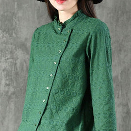 Natural Green Ruffled Jacquard Button Tops Long sleeve