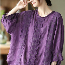 Natural Purple Hollow Out Patchwork Summer Ramie Shirt Top Long Sleeve