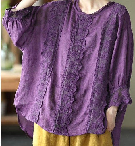 Natural Purple Hollow Out Patchwork Summer Ramie Shirt Top Long Sleeve