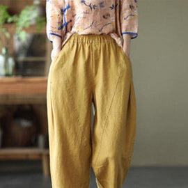 Natural Yellow Elastic Waist Summer Linen Harem Pants