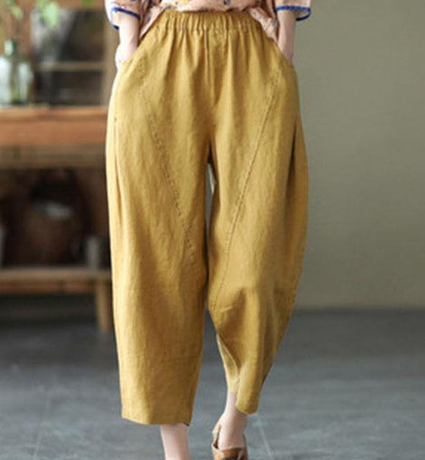 Natural Yellow Elastic Waist Summer Linen Harem Pants