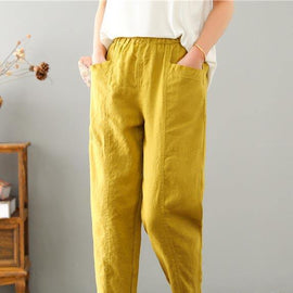 Natural Yellow Pockets Cotton Linen  Pants Summer