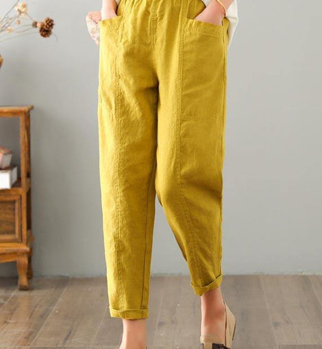 Natural Yellow Pockets Cotton Linen  Pants Summer