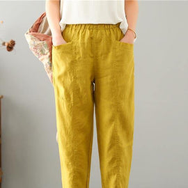 Natural Yellow Pockets Cotton Linen  Pants Summer