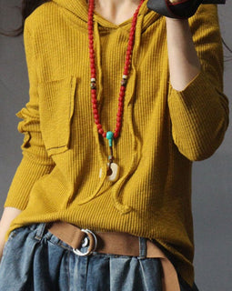 Natural Yellow hooded Casual Knit Fall Long sleeve Top