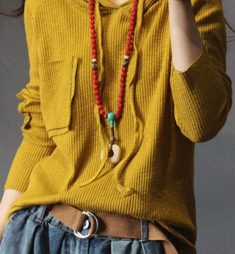 Natural Yellow hooded Casual Knit Fall Long sleeve Top