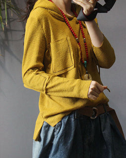 Natural Yellow hooded Casual Knit Fall Long sleeve Top