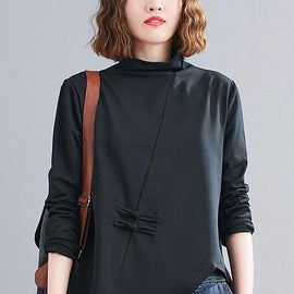 Natural black Blouse high neck Chinese Button Knee tops