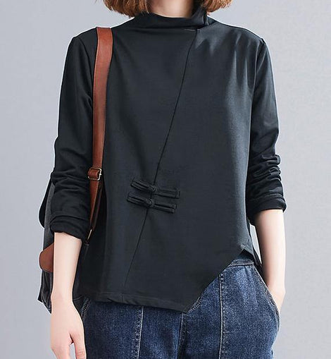 Natural black Blouse high neck Chinese Button Knee tops