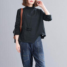 Natural black Blouse high neck Chinese Button Knee tops