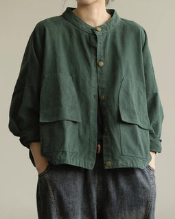 Natural stand collar Button Down Fine tunic coat green box jackets