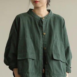 Natural stand collar Button Down Fine tunic coat green box jackets