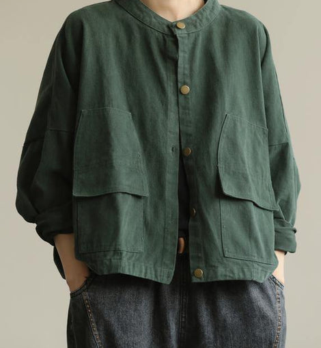 Natural stand collar Button Down Fine tunic coat green box jackets