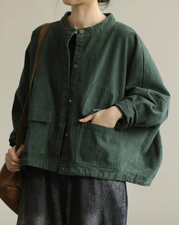 Natural stand collar Button Down Fine tunic coat green box jackets