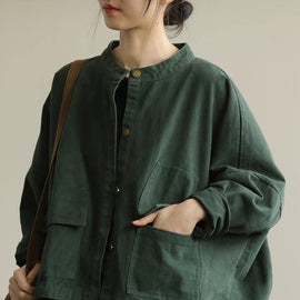 Natural stand collar Button Down Fine tunic coat green box jackets