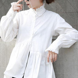 Natural white cotton clothes For Women ruffles stand collar loose summer blouse