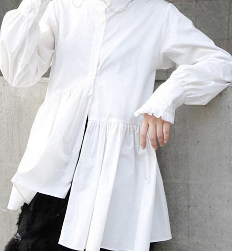 Natural white cotton clothes For Women ruffles stand collar loose summer blouse