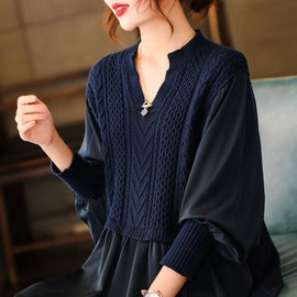 Navy Knit Blouses Puff Sleeve Winter Top