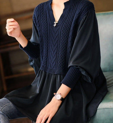 Navy Knit Blouses Puff Sleeve Winter Top