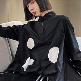 Organic Black Dot Cinched low high design Cotton Shirt Tops