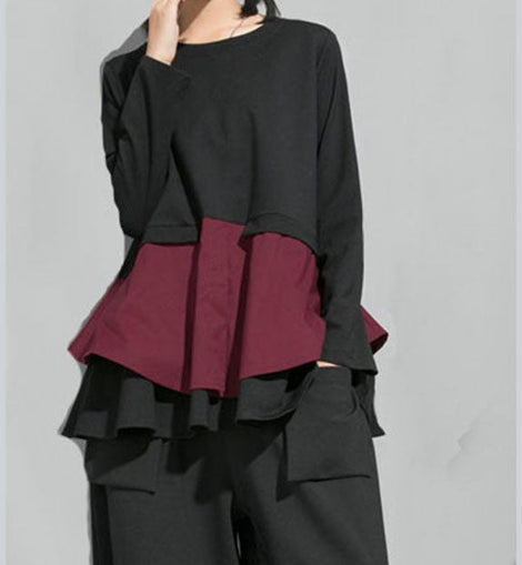 Organic Mulberry O-Neck Patchwork Ruffles Fall Top Long sleeve