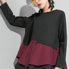 Organic Mulberry O-Neck Patchwork Ruffles Fall Top Long sleeve