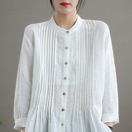 Organic Stand Collar Cinched Spring Linen Shirt Tunics White Cotton Blouse