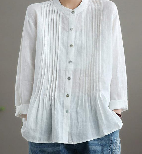 Organic Stand Collar Cinched Spring Linen Shirt Tunics White Cotton Blouse