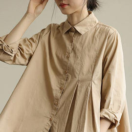 Organic khaki Tunic lapel asymmetric short shirt