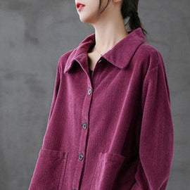 Purple Loose Pockets Shirt Top Long Sleeve Corduroy Coat