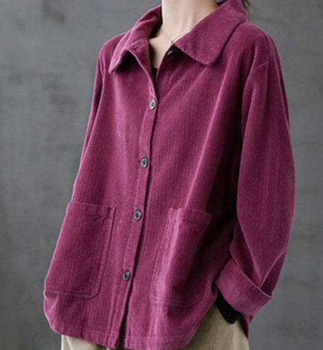 Purple Loose Pockets Shirt Top Long Sleeve Corduroy Coat