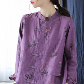 Purple Pockets Linen Shirt Top Asymmetrical Long Sleeve