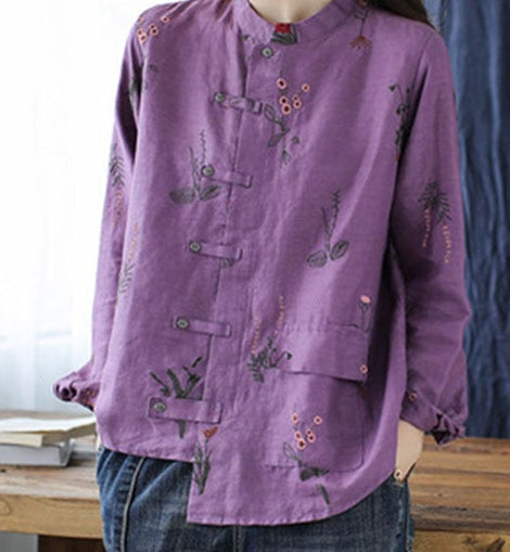 Purple Pockets Linen Shirt Top Asymmetrical Long Sleeve