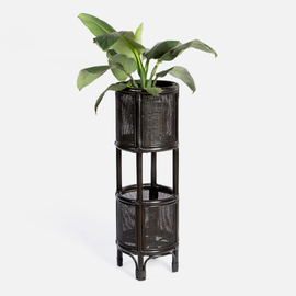 Two Tier Rattan Planter - Black