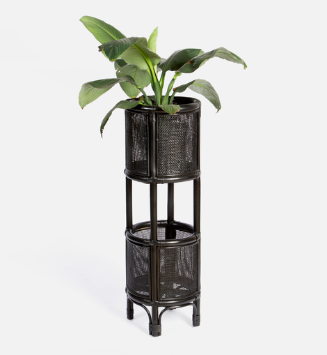 Two Tier Rattan Planter - Black