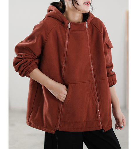 Red Hooded Pockets Zippered Fall Loose Sweatshirt