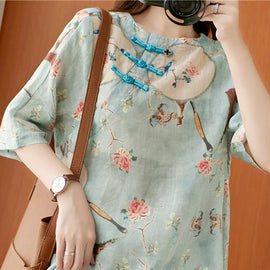 Women O Neck Half Sleeve Shirts Light Blue Print Baggy Shirts