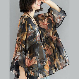 Simple Black V Neck Print Patchwork asymmetrical design Fall Shirt Half Sleeve